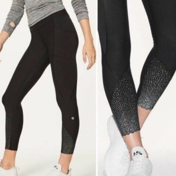Lululemon Black Tight Stuff Scalloped Hem Reflective High Rise Leggings Size 4 - Picture 1 of 8
